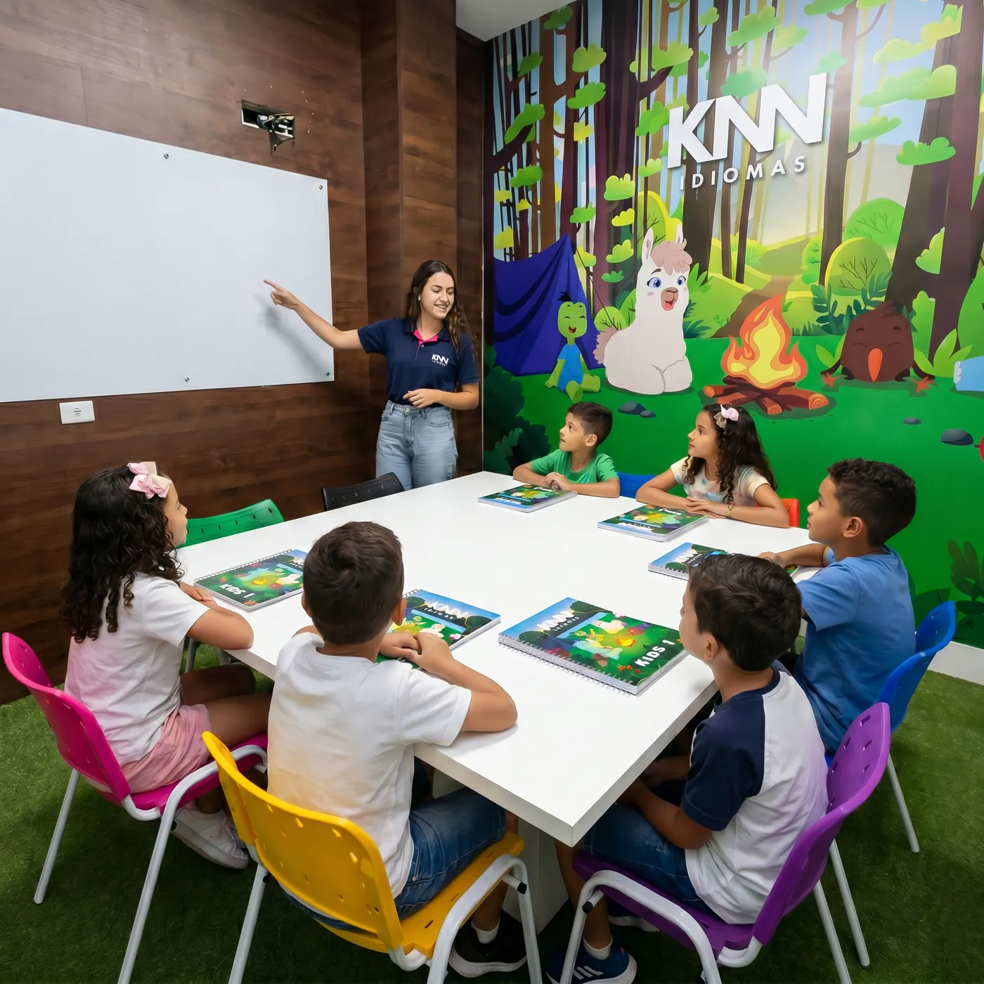 Professora e crianças em volta da mesma mesa numa sala kids da KNN, com os livros abertos